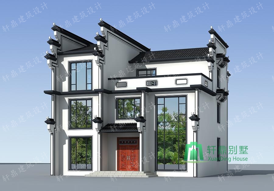 新中式复式三层自建别墅设计图,13m*10.9m,徽派建筑设计